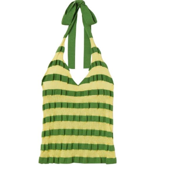 TheOpen Product 1/Small Stripe Halter Neck Tank Top Green Yellow Sleeveless - Picture 2 of 10